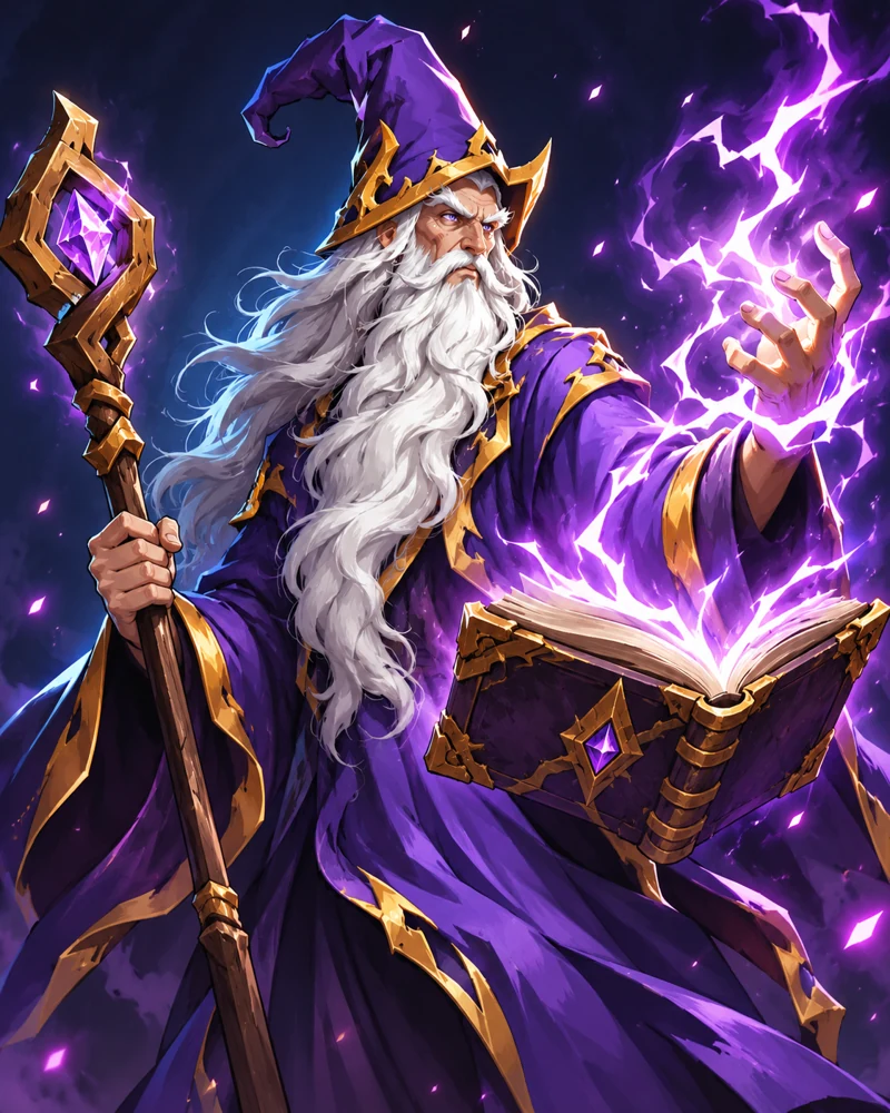 Sorcerer de manto roxo conjurando relâmpagos